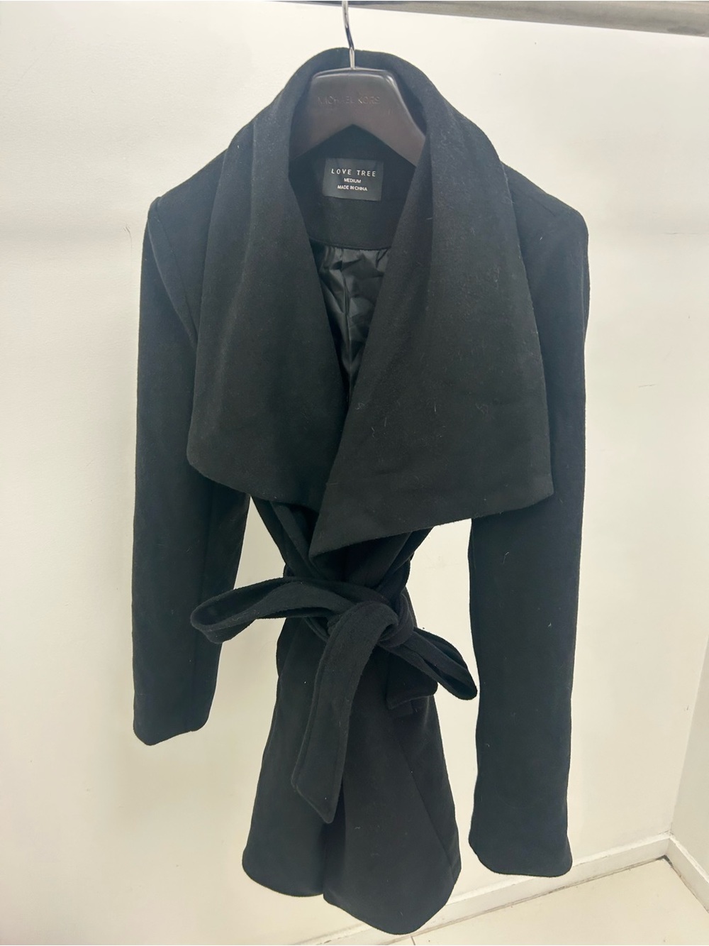 Love Tree Black Shawl Collar Wrap Coat with Belt
